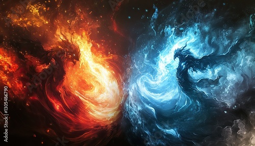 A battle between two powerful forces, one representing fire and the other ice, their energy swirling in an intense clash