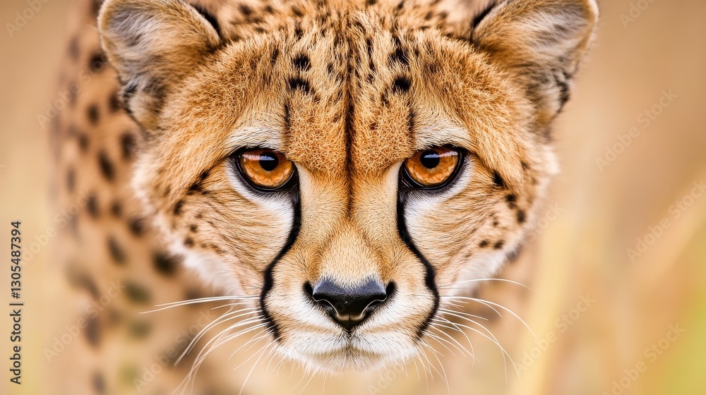 Close-up of a cheetah with intense gaze, set against a blurred natural background Close-up of a cheetah with intense gaze, set against a blurred natural background