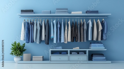 Organized Clothing Rack with Blue Tones and Neat Shelving Display