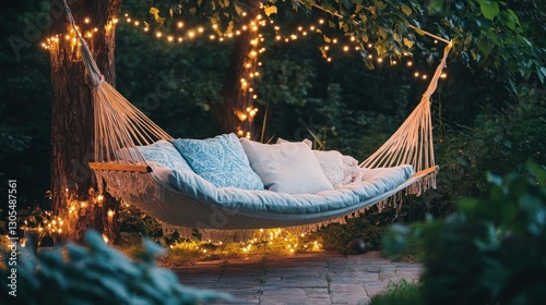 Serene Evening Hammock Scene: Relaxing under fairy lights in a tranquil garden setting.