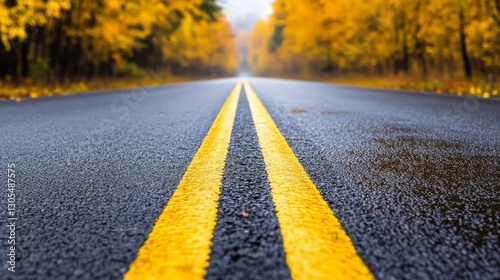 Serene autumn road with vibrant yellow trees lining the edges, creating a tranquil atmosphere