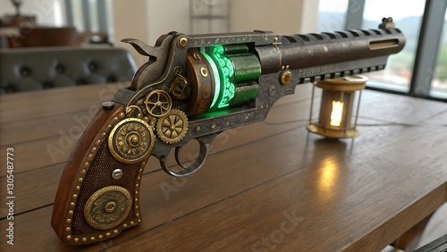 Steampunk Revolver with Brass Gears and Glowing Green Energy Cores