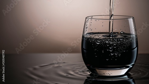 Shiny White Glass with Water on Water Surface, Reflection Concept.

