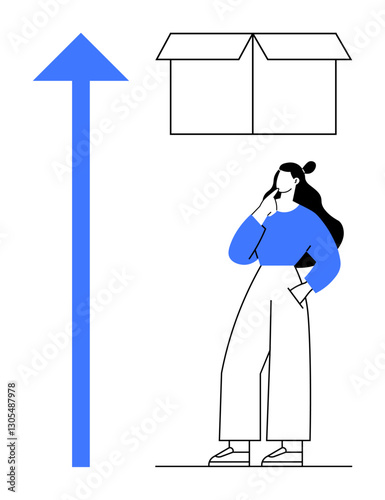Woman contemplating with hand on chin, blue sweater, large upward arrow indicating progress or growth, open box suggesting ideas. Ideal for decision-making, planning, growth, innovation