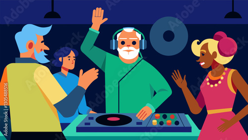 The clubgoers are amazed as the elderly DJ seamlessly transitions from one song to another clearly experienced and skilled at their craft.. Vector illustration