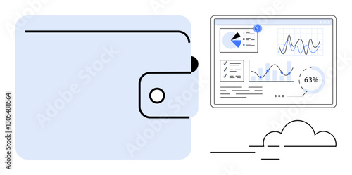 Closed wallet paired with data analytics dashboard showing charts, graphs, and progress metrics. Ideal for finance, digital economy, data analysis, business growth, savings, investment online