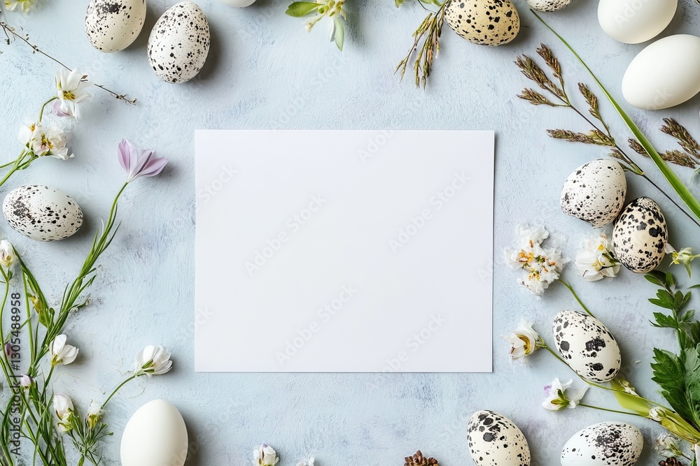 Blank white card with speckled Easter eggs and cherry blossoms Background. AI generated image Blank white card with speckled Easter eggs and cherry blossoms Background. AI generated image