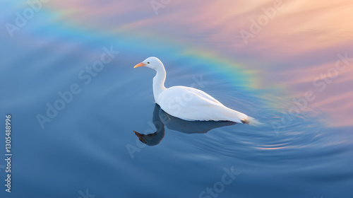 A serene white goose glides gracefully across a calm body of water, reflecting soft colors of a sunset that create a picturesque scene of tranquility and natural beauty. photo