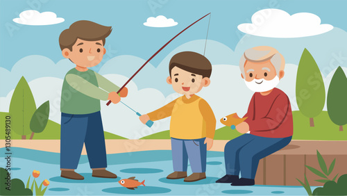 Two young boys teaching their grandpa how to fish as he patiently passes down his knowledge of the art.. Vector illustration
