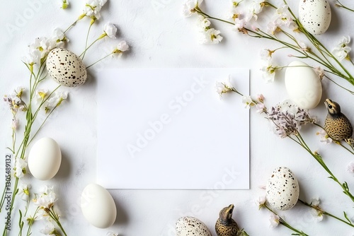 Blank white card with speckled Easter eggs and cherry blossoms Background. AI generated image