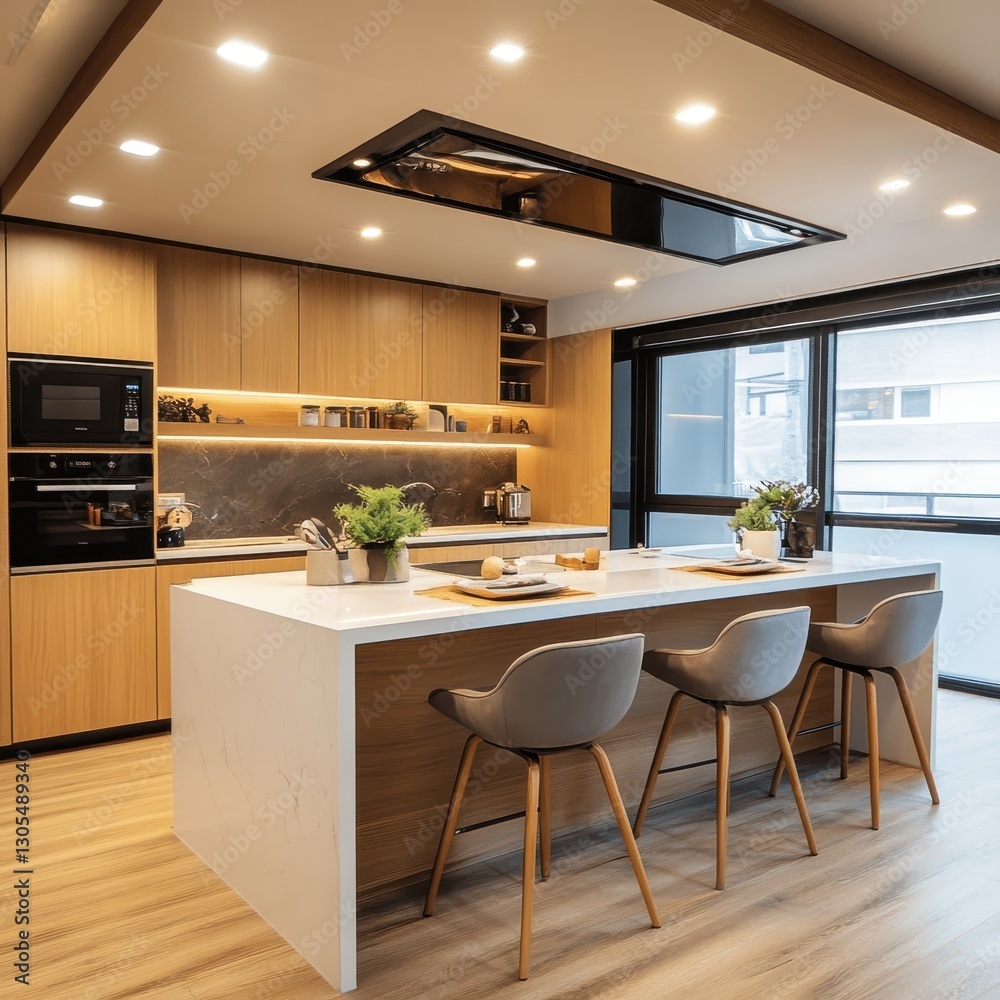 Fototapeta premium Modern Kitchen Design Features Island Counter And Seating Area