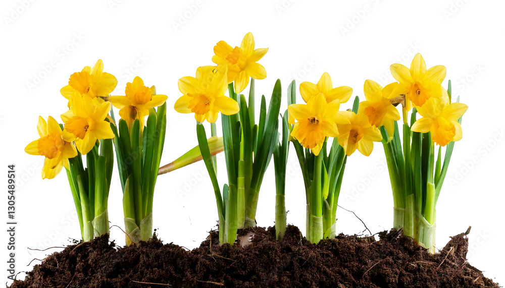 Bright Yellow Daffodil Flowers Growing Gracefully from Fresh Soil — Isolated on a Pristine White Background, Capturing the Essence of Spring, Renewal, and Natural Beauty, Ideal for Gardening Promotion Bright Yellow Daffodil Flowers Growing Gracefully from Fresh Soil — Isolated on a Pristine White Background, Capturing the Essence of Spring, Renewal, and Natural Beauty, Ideal for Gardening Promotion