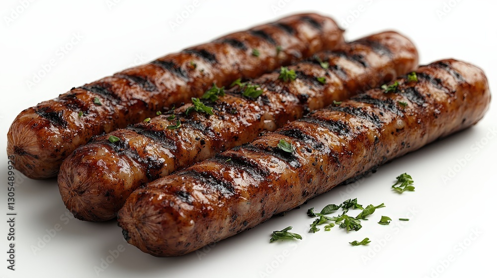 Grilled sausages, close-up, white background Grilled sausages, close-up, white background