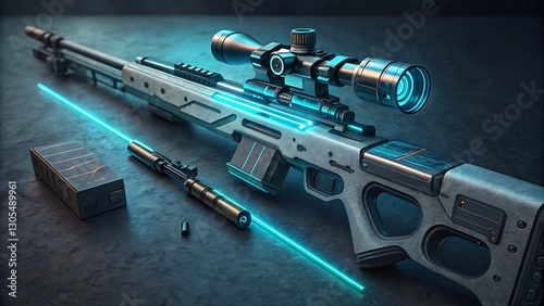 Ultra-Realistic Futuristic Sniper Rifle with Glowing Neon Blue Accents and Digital Scope