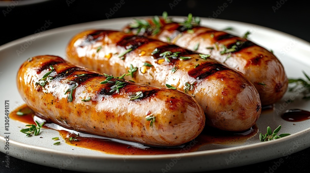 Grilled Sausages on Plate, Dark Background