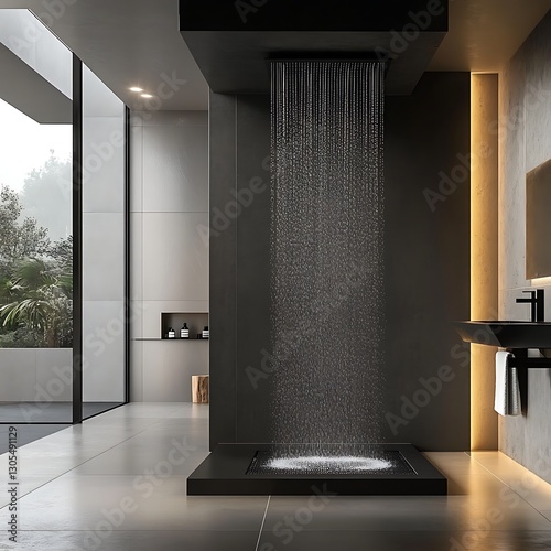 Lavish black marble shower rainfall head contemporary sleek design high resolution picture