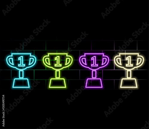 A glowing neon sign with a reward Cup against a dark brick wall. Winner's Cup honorary trophy neon symbol. Top. Vector illustration with neon letters..3