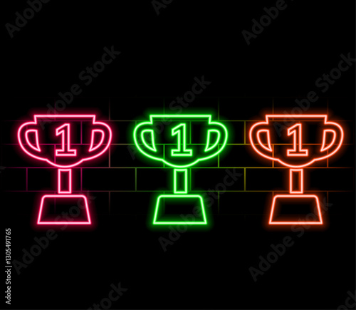 A glowing neon sign with a reward Cup against a dark brick wall. Winner's Cup honorary trophy neon symbol. Top. Vector illustration with neon letters..2