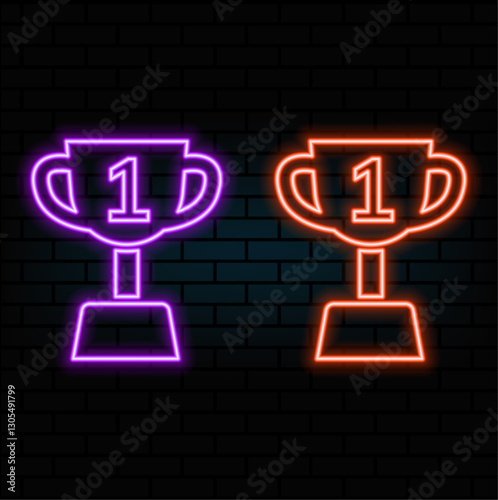 A glowing neon sign with a reward Cup against a dark brick wall. Winner's Cup honorary trophy neon symbol. Top. Vector illustration with neon letters..5