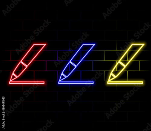 Glowing neon Pencil with eraser icon isolated on brick wall background. Drawing and educational tools. School office symbol. Vector