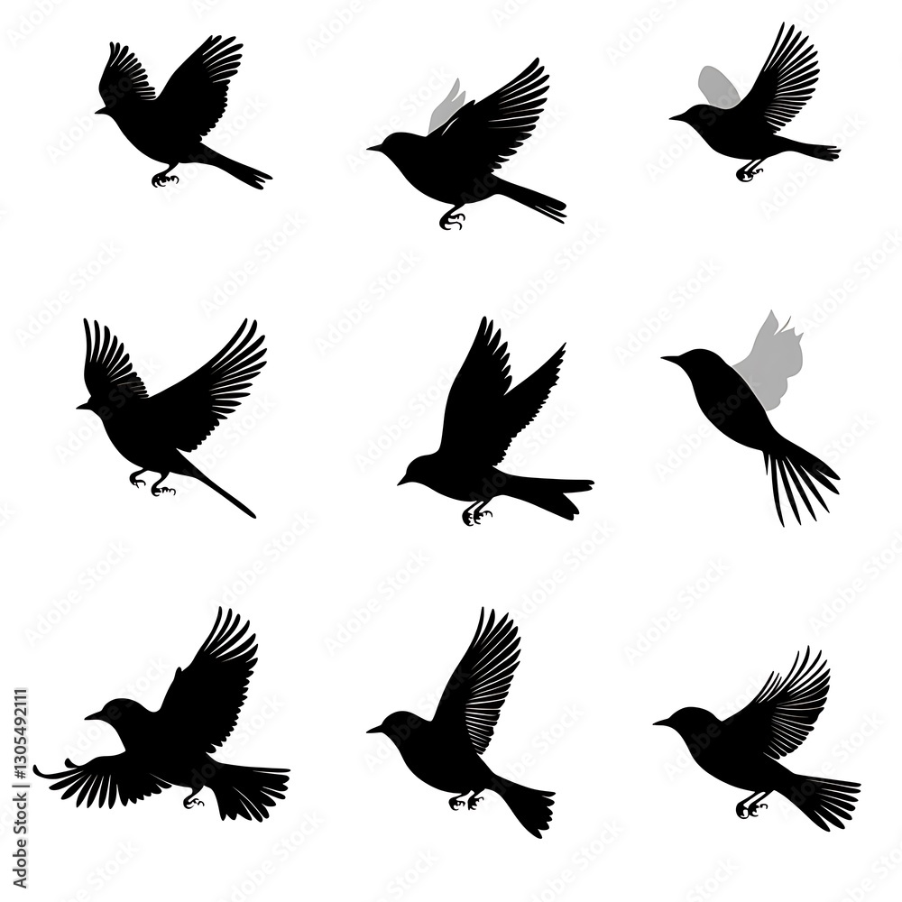 Obraz premium Nine Birds in Flight Silhouettes