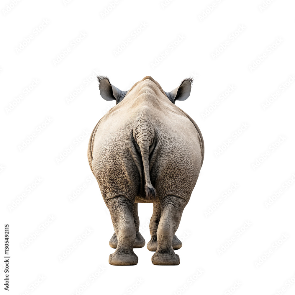 Obraz premium A back view of a rhinoceros walking across the savannah on a white solid background