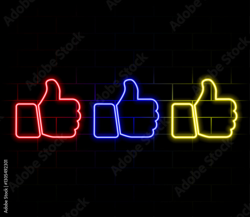 Neon thumb up icon. Glowing neon like sign, outline approving hand pictogram in vivid colors. Social media feedback, positive attitude, best choice. Vector icon set, sign, symbol and silhouette