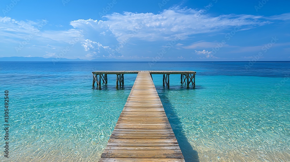 Fototapeta premium Wooden pier extending into the ocean under a blue sky with white clouds