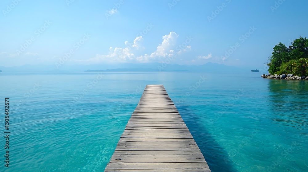 Obraz premium Wooden pier extending over tranquil turquoise water with blue sky and distant mountains