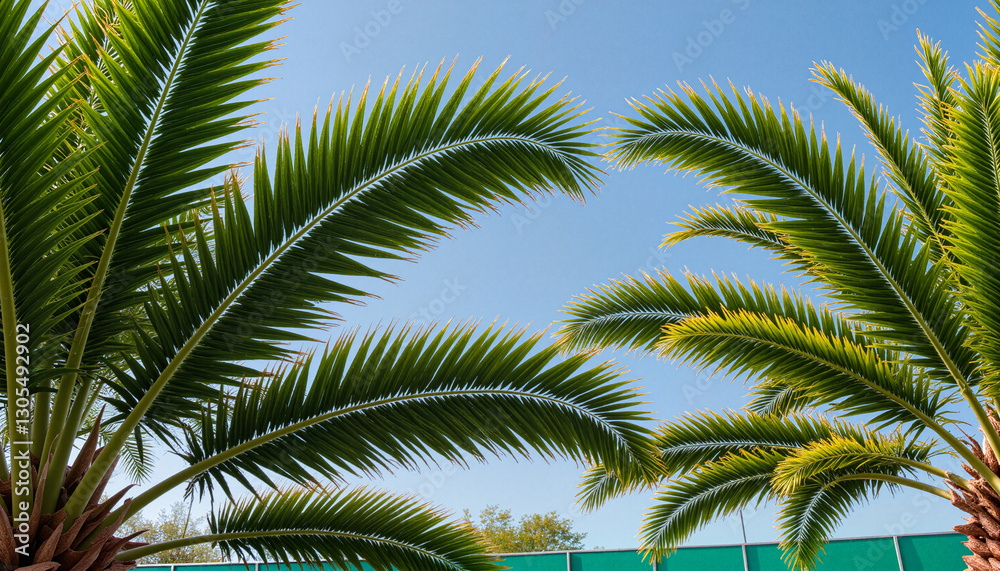 Fototapeta premium Close-up of waving palm leaves under a clear blue sky