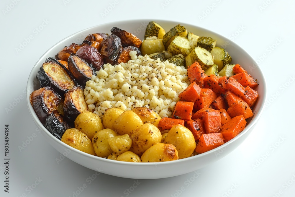 Roasted Vegetable Medley with Pearl Couscous Healthy Dietary Bowl Delicious Autumn Harvest Colorful Food Photography Vibrant Delicious Meal Prep vegan