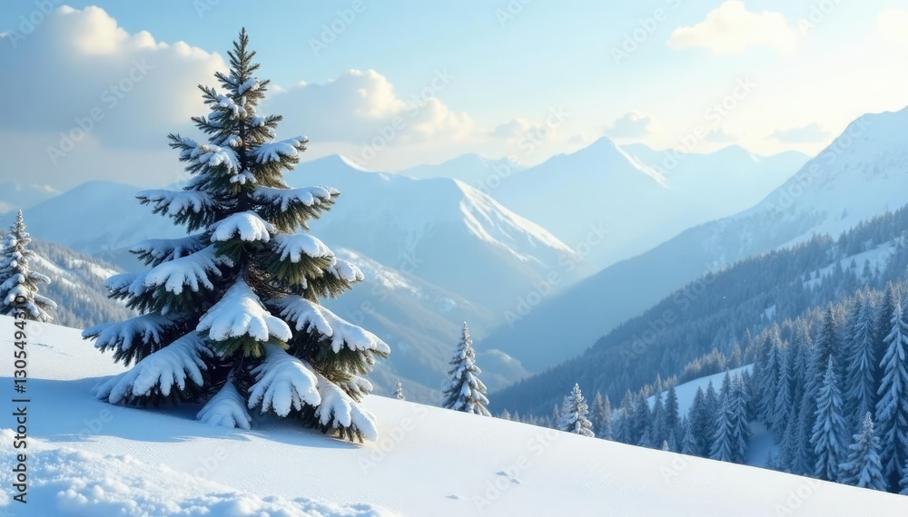 Fototapeta premium Dense snow-covered pine tree against a vast winter landscape with rolling hills and frosty peaks, winter wonderland, cold weather