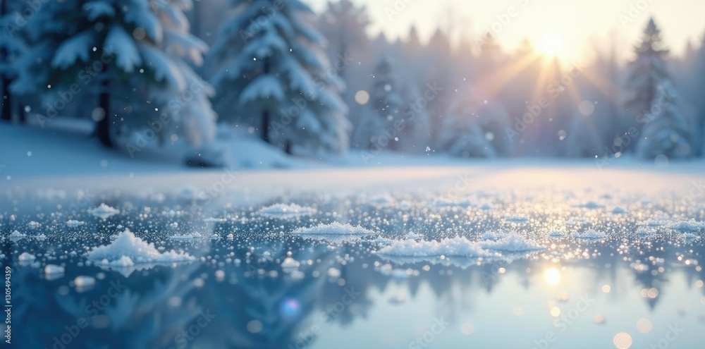 Fototapeta premium Dense snowflakes falling gently on frozen lake, frosty morning, frozen lake, icy surface