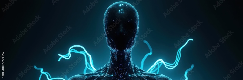 Futuristic silhouette of a humanoid figure with glowing blue energy streams, representing technology, innovation, and the digital future. Futuristic silhouette of a humanoid figure with glowing blue energy streams, representing technology, innovation, and the digital future.
