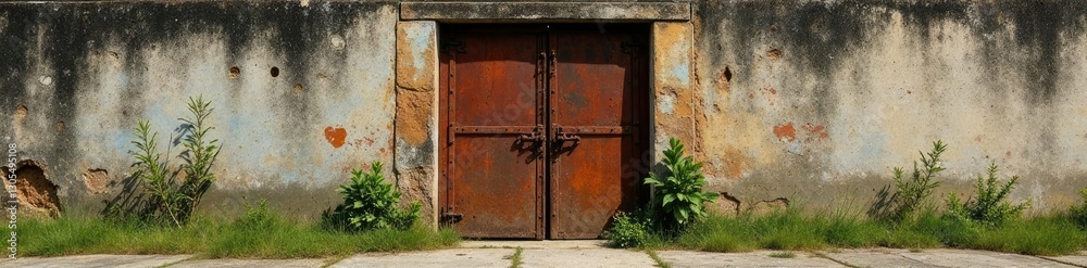 rusty metal gate leans against weathered concrete wall with peeling paint and weeds, stone, garden, brown rusty metal gate leans against weathered concrete wall with peeling paint and weeds, stone, garden, brown