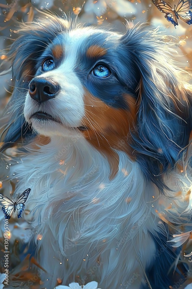 Naklejka premium A painting of a dog with blue eyes and butterflies