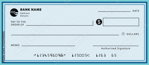 Blank money cheque. Bank check. Blue Check book template with pattern and empty fields. Currency payment coupon, US dollar check background.