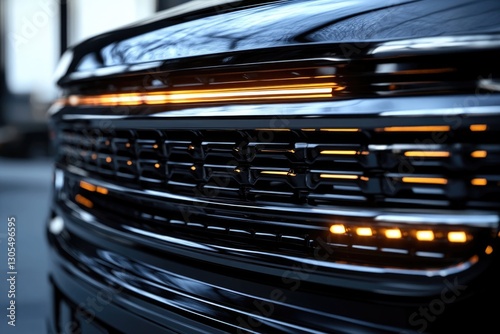 Close-up of a sleek, black car's illuminated grille showcasing modern automotive design.