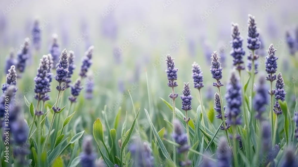 Fototapeta premium A misty meadow with soft lavender and green leaves scattered about, nature, leaf
