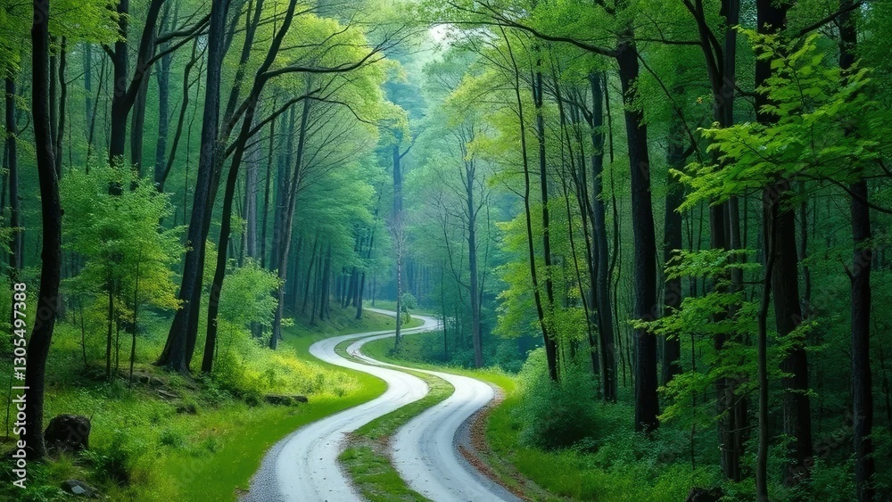 Obraz premium A serene forest landscape featuring a winding path with green accents, tree-lined paths, verdant hues, winding roads