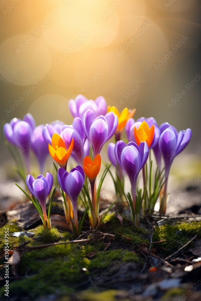 Beautiful crocuses blooming in a meadow at sunset, a sign of the beginning of spring Beautiful crocuses blooming in a meadow at sunset, a sign of the beginning of spring