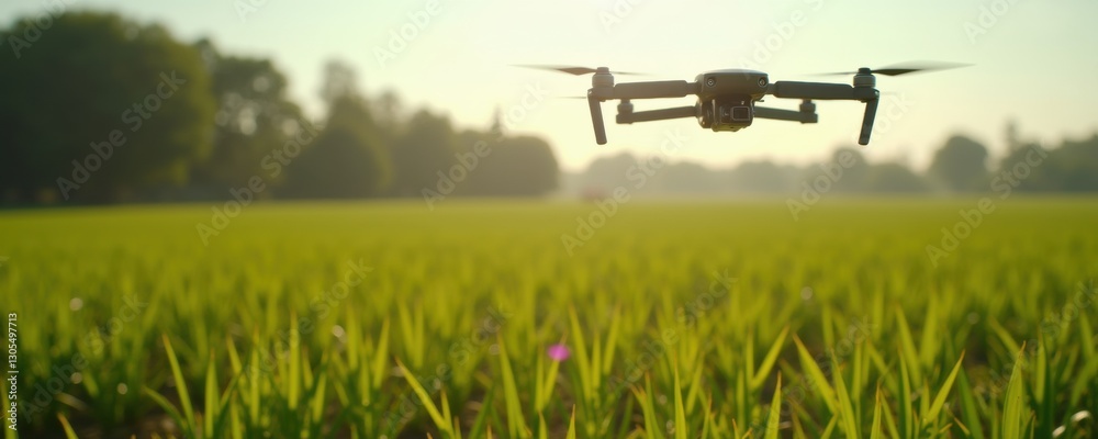 A drone hovers over a lush green field, capturing aerial views and showcasing advanced agricultural technology in bright daylight.