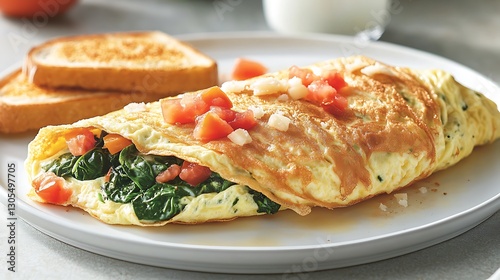 Fluffy omelet folded with chopped spinach tomatoes and cheese served on a white plate with a side of toast capturing a classic breakfast moment