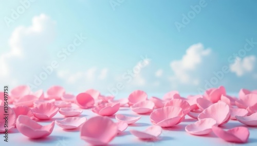 Soft pink rose petals scattered on a light blue sky, serene, sky, flower petals