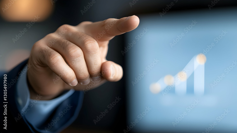 A business professional points at a screen displaying a rising graph, symbolizing growth and success in the corporate world. The image conveys motivation and forward-thinking. A business professional points at a screen displaying a rising graph, symbolizing growth and success in the corporate world. The image conveys motivation and forward-thinking.