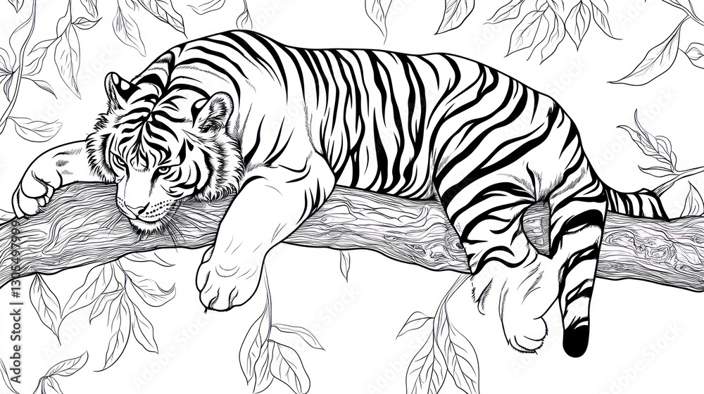 Sleeping tiger on a branch, detailed line art, nature background, coloring book image, suitable for kids and adults Sleeping tiger on a branch, detailed line art, nature background, coloring book image, suitable for kids and adults