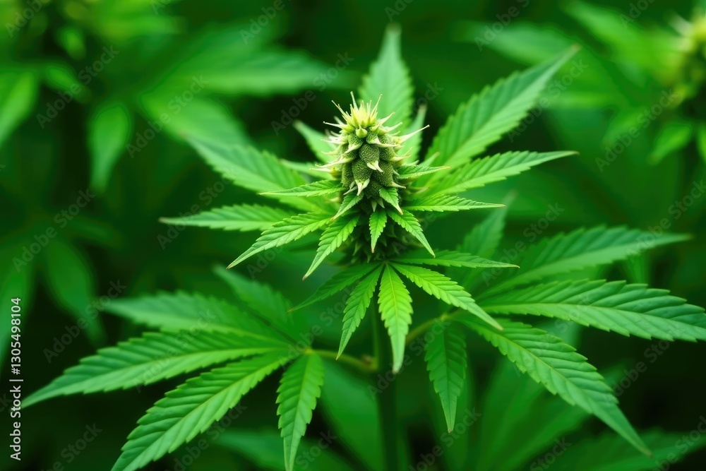 Dense green foliage surrounding a central stem with small white flowers, botanical, cannabis, garden Dense green foliage surrounding a central stem with small white flowers, botanical, cannabis, garden