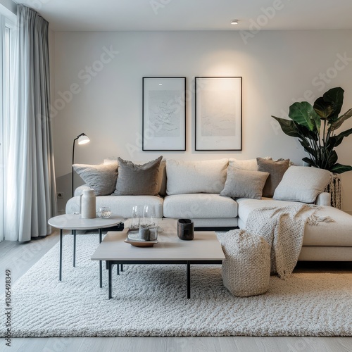 Modern living room features comfortable sofa and minimalist decor