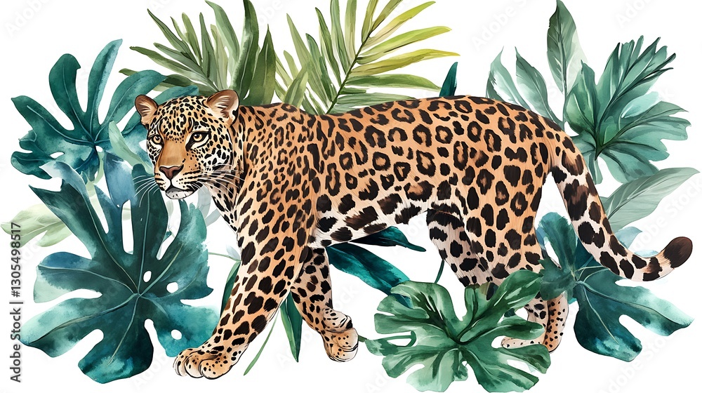 Naklejka premium Majestic leopard in vibrant green foliage of tropical jungle high resolution picture
