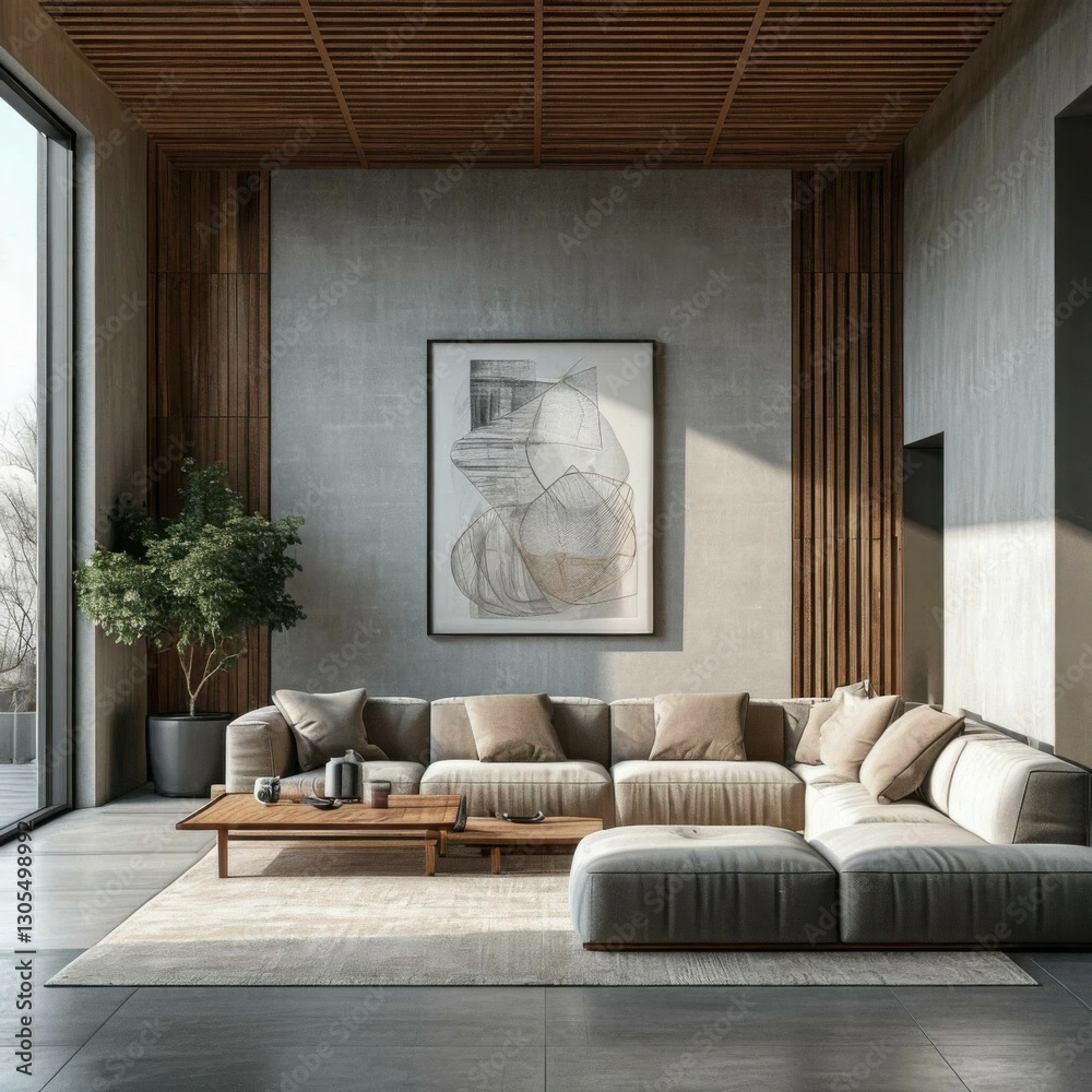 Fototapeta premium elegant modern furniture, geometric patterns on the walls, monochrome colors Generated AI